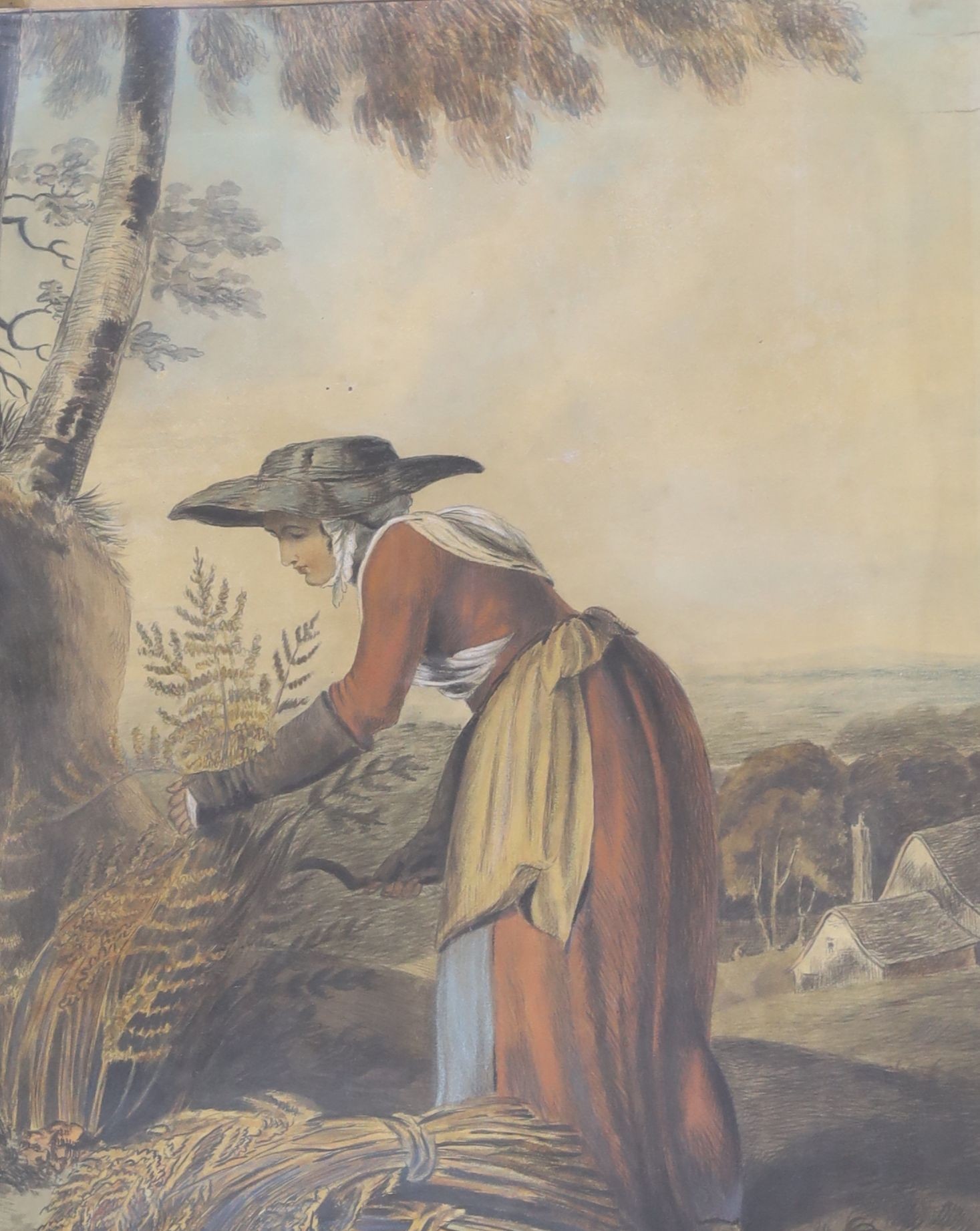 Early 19th century English School, hand coloured lithograph, Woman harvesting bracken, eglomise framed, 43 x 34cm